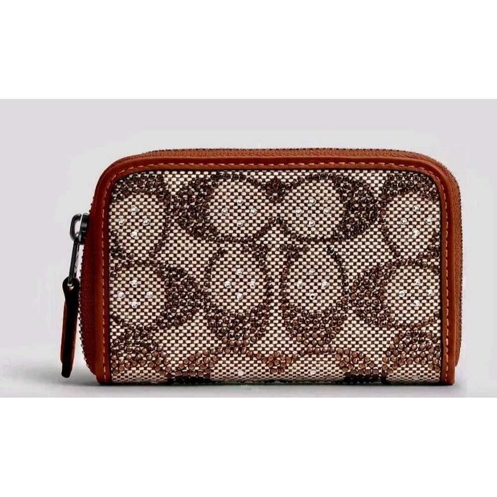 Coach Essential Small Zip Around Card Case - Crystal Signature Jacquard -NWT